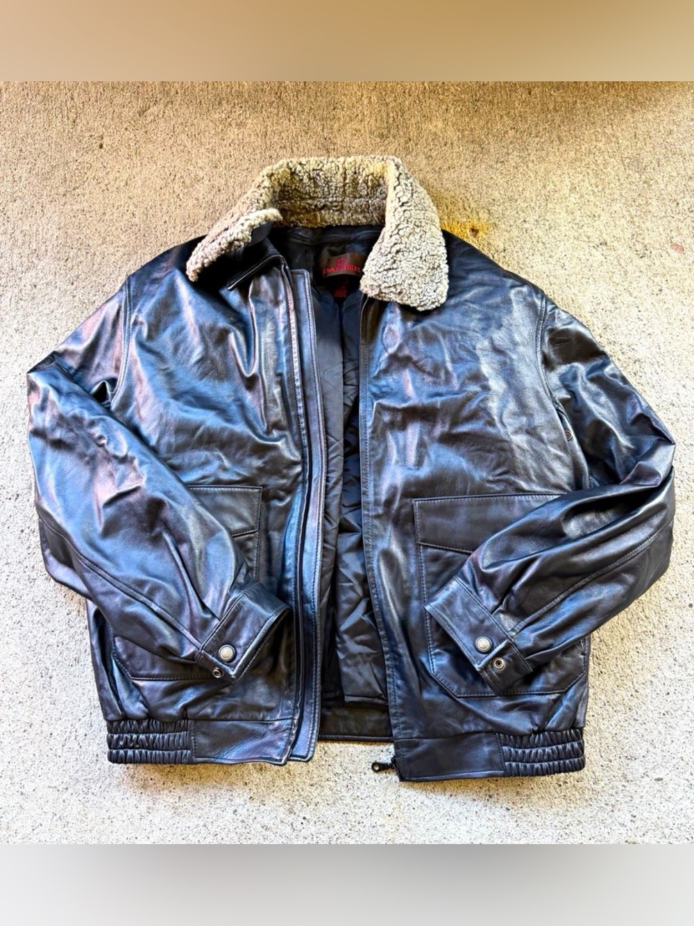 DANIER Vintage Faux Leather Black Bomber Jacket Shearling Collar Size Large